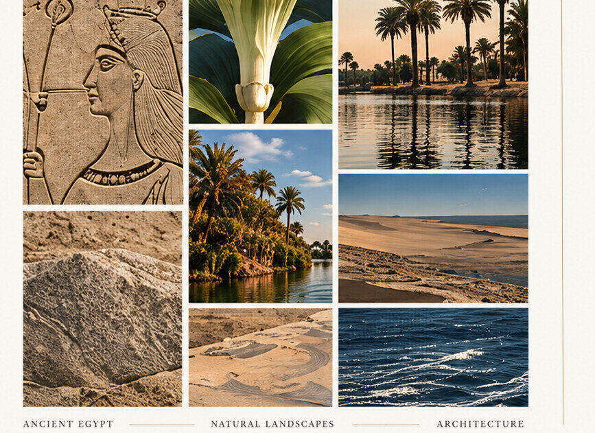 Reference images of Egyptian relief, plants, landscape and architecture