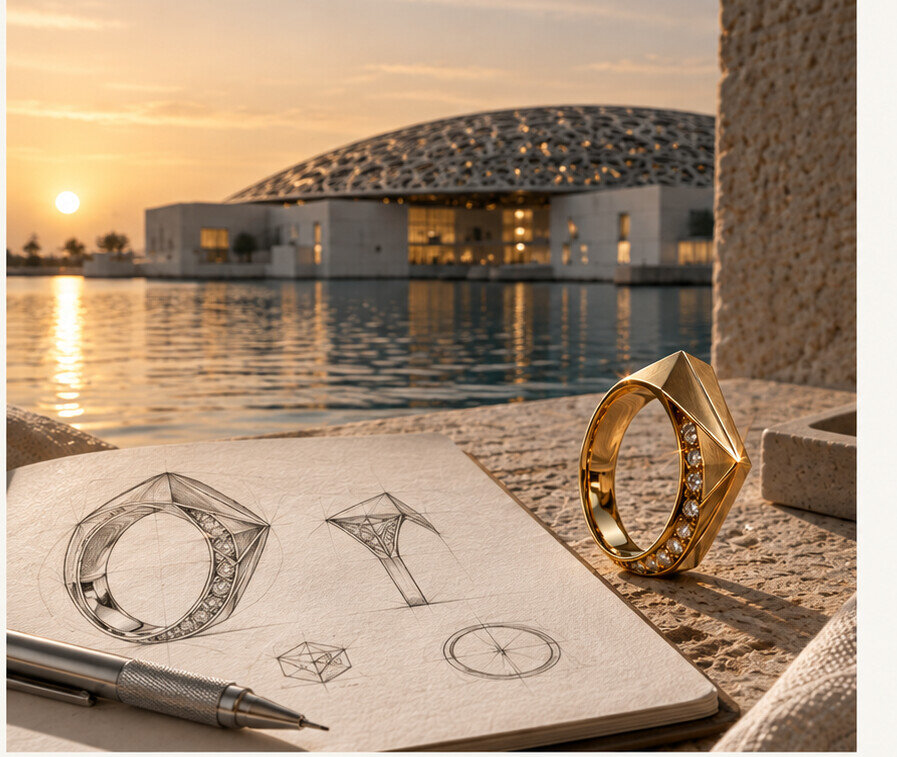 Sketchbook beside the architecture of Louvre Abu Dhabi