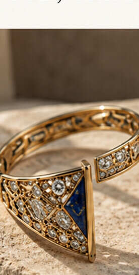 Nile cuff in gold with pavé and a blue triangular inlay