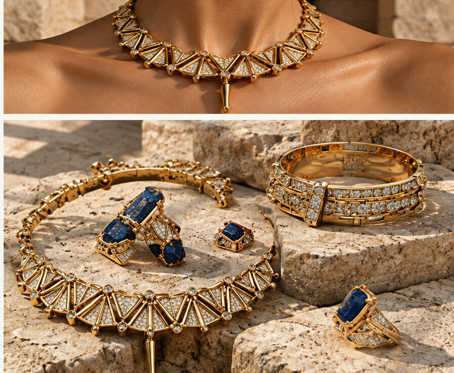 The Nile Collection pieces grouped together on stone
