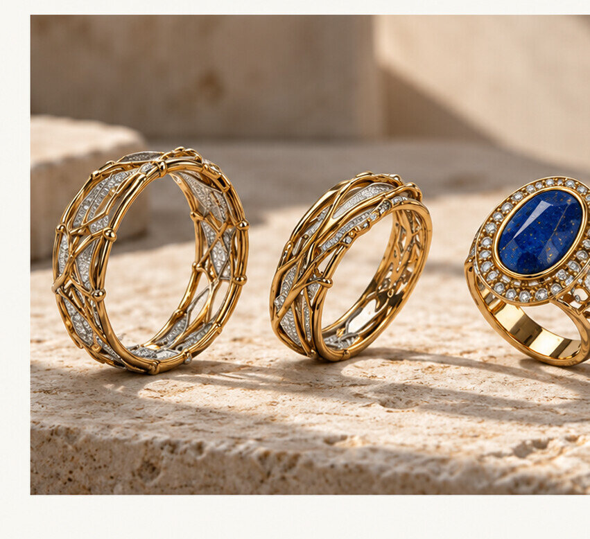Rings from The Nile Collection arranged on stone