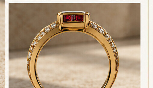 Second Nile ring seen in profile with a ruby and diamonds
