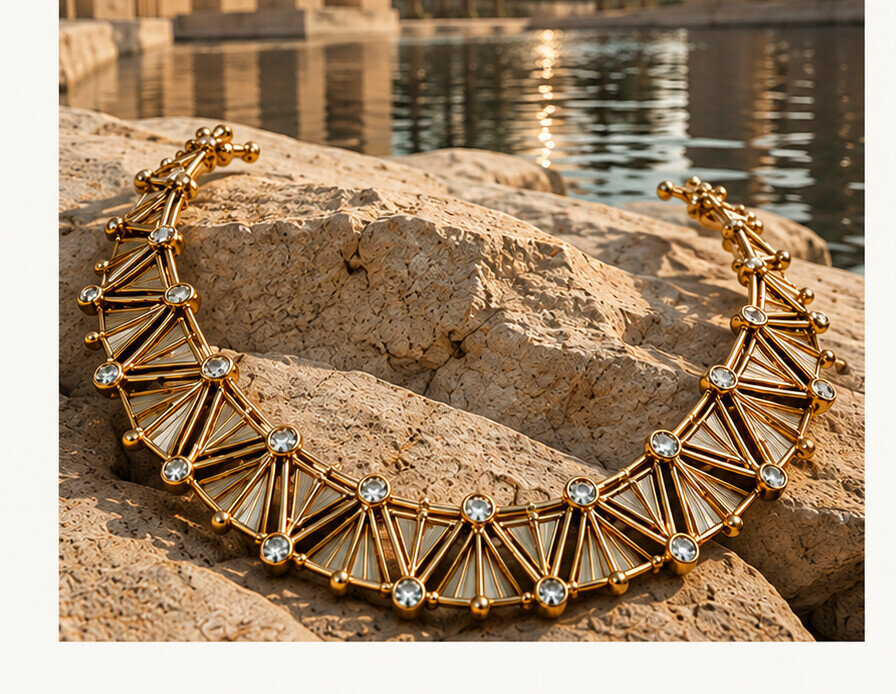 Solar Heirloom, an articulated gold collar resting on warm stone