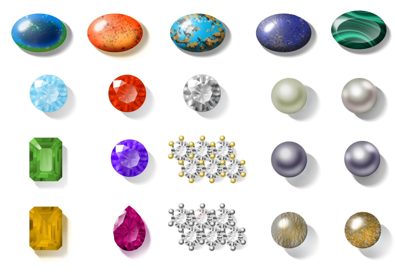 A grid of gemstone studies in different cuts and colours