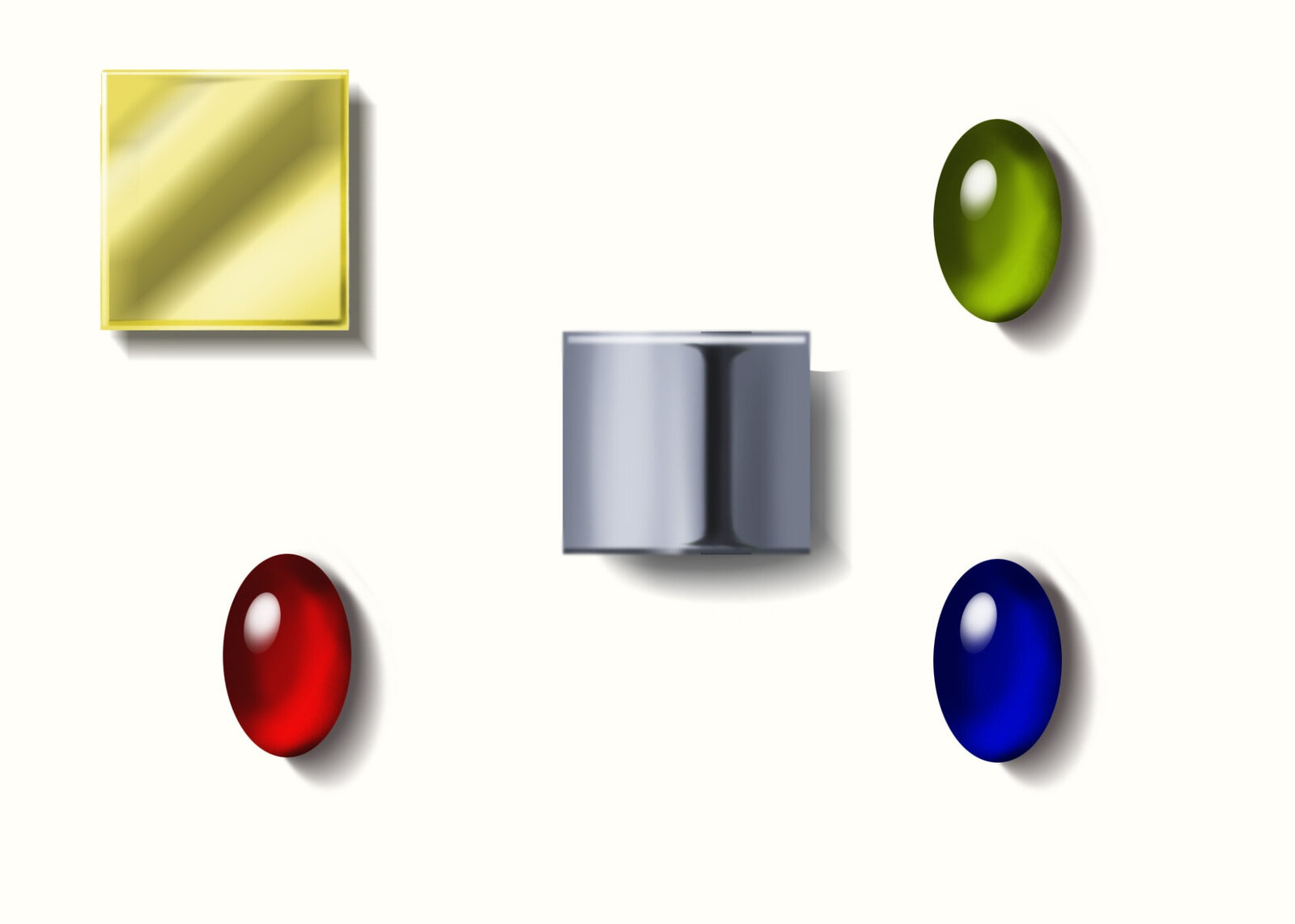 Material swatches in gold, metal and stone